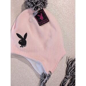 PLAYBOY BUNNY Pink Laplander Lined Beanie CAP With Pk/Bk Pom Pom Women's
